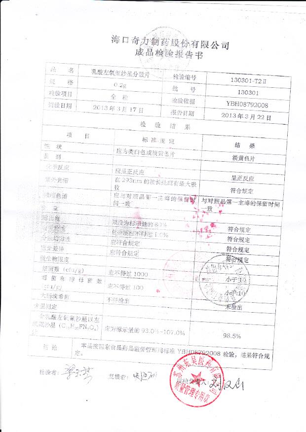 130301乳酸左氧氟沙星分散片