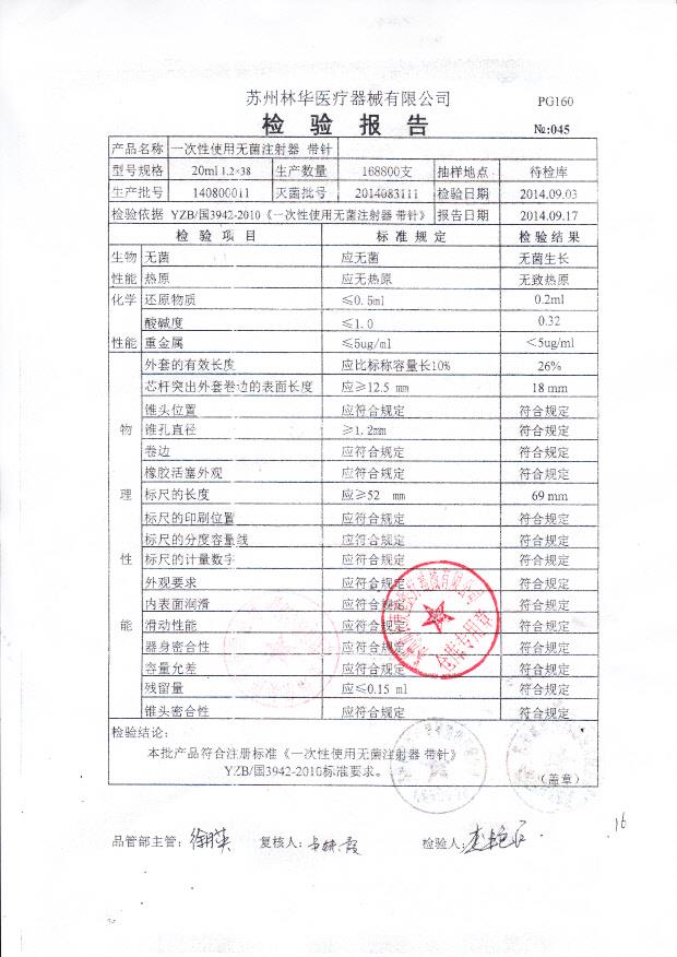 140800011林华一次性使用无菌注射器 带针（20ML）