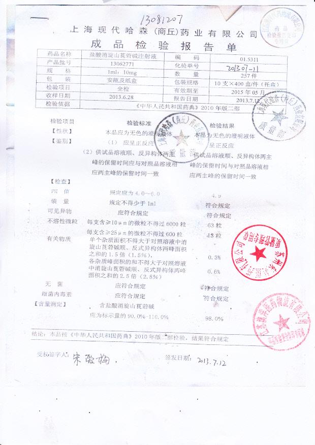 13062771盐酸消旋山莨菪碱注射液