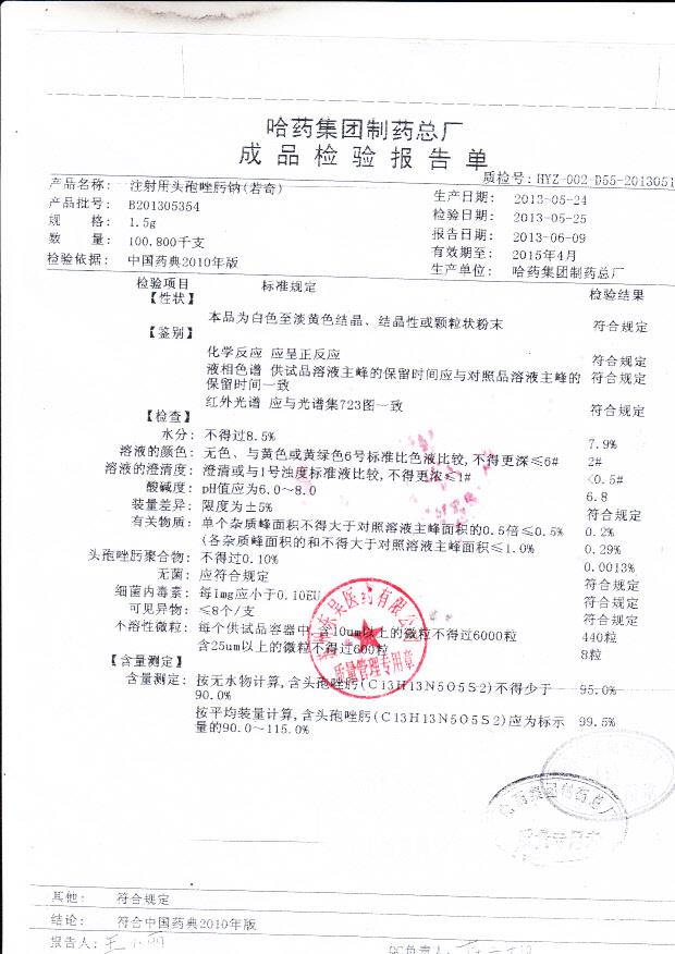 B201305354注射用头孢唑肟钠