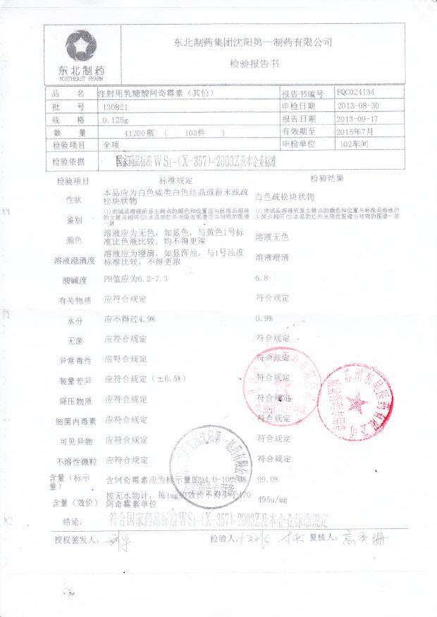 130821注射用乳糖酸阿奇霉素