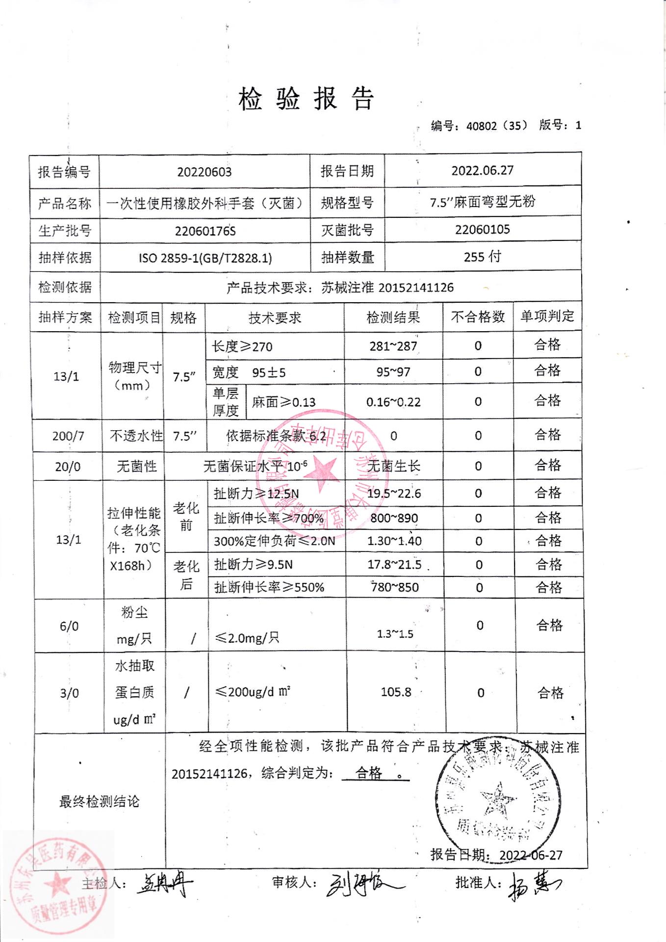 22060176ｓ苏州嘉乐一次性使用橡胶外科手套（7.5）