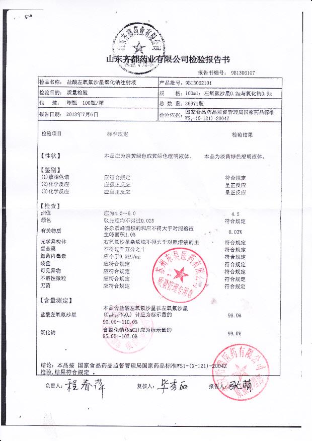 9B13062101盐酸左氧氟沙星氯化钠注射液