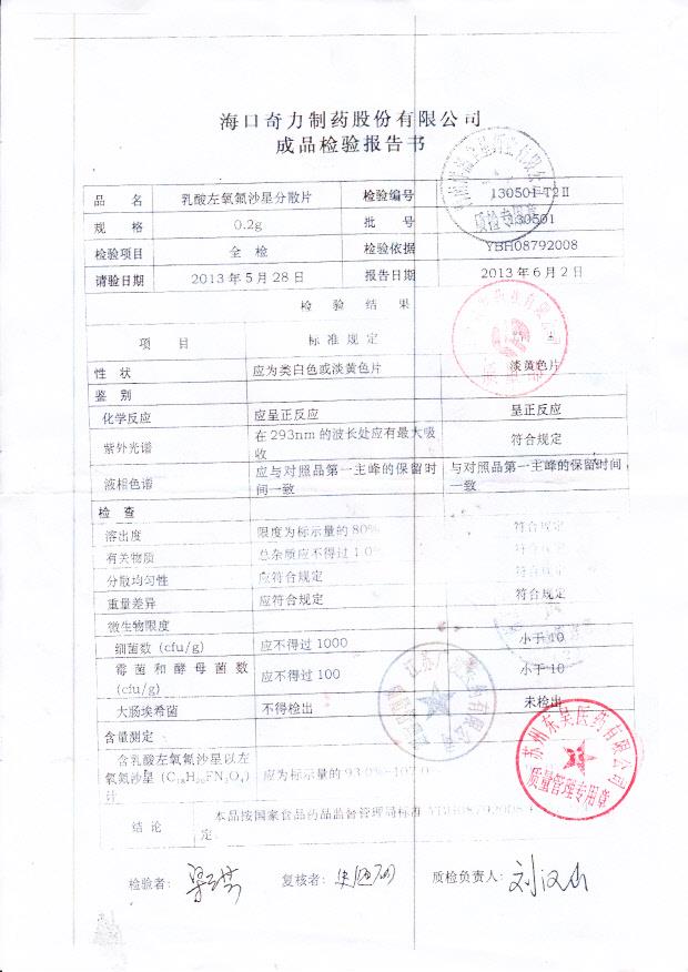 130501乳酸左氧氟沙星分散片