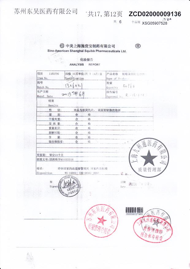 1306021制霉菌素阴道泡腾片