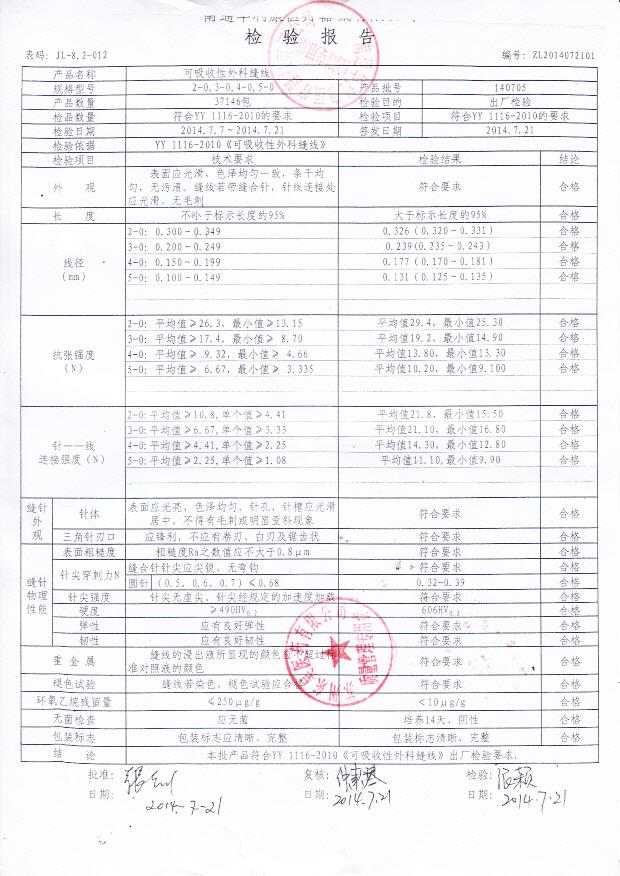 140705华利康可吸收性外科缝线