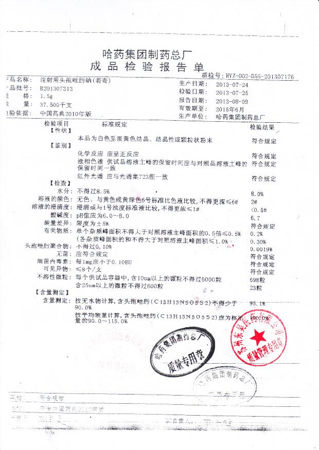 B201307313注射用头孢唑肟钠