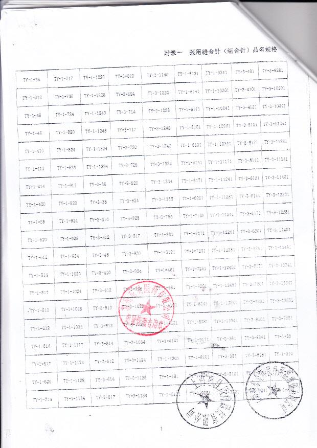 沪食药监械（准）字2009第2010388号上海浦东东环医疗用品股份有限公司 医用缝合针（组合针）（注册登记表附页）1