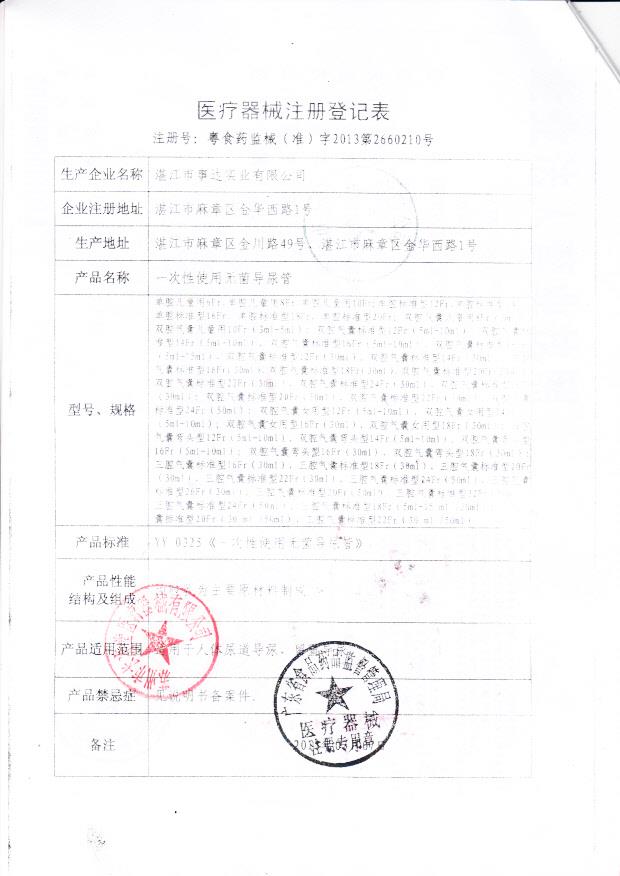 粤食药监械（准）字2013第2660210 湛江市事达实业有限公司（注册登记表）