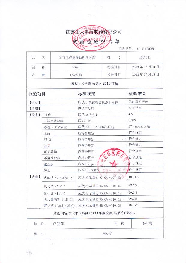 1307041复方乳酸钠葡萄糖注射液