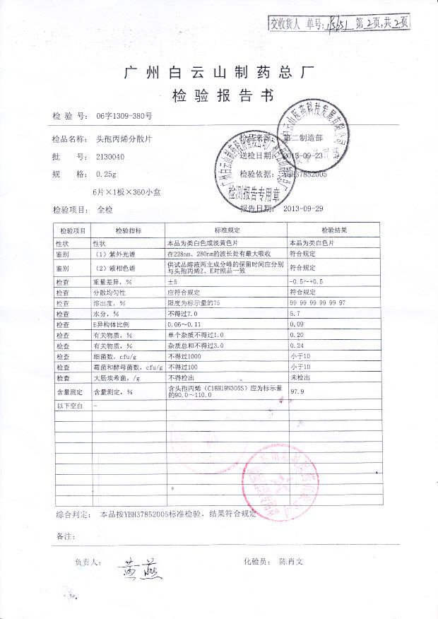 2130040头孢丙烯分散片