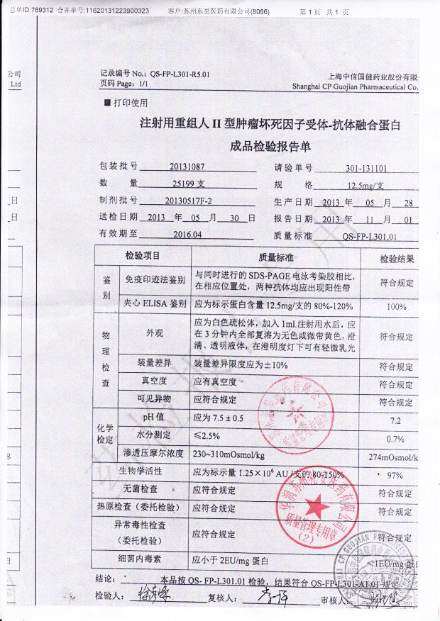 20131087注射用重组人2型肿瘤坏死因子受体-抗体融合蛋白