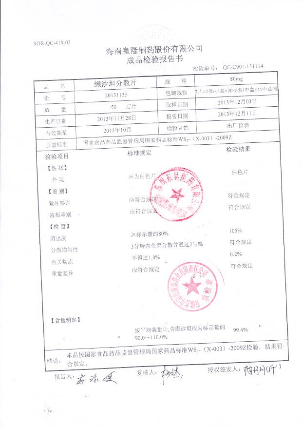 20131135纈沙坦分散片