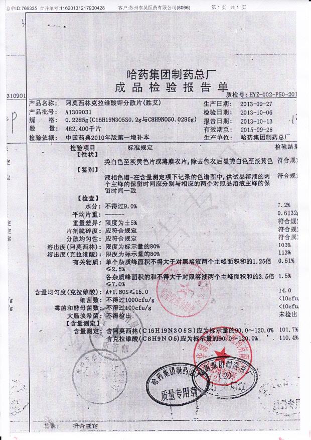 A1309031阿莫西林克拉维酸钾分散片