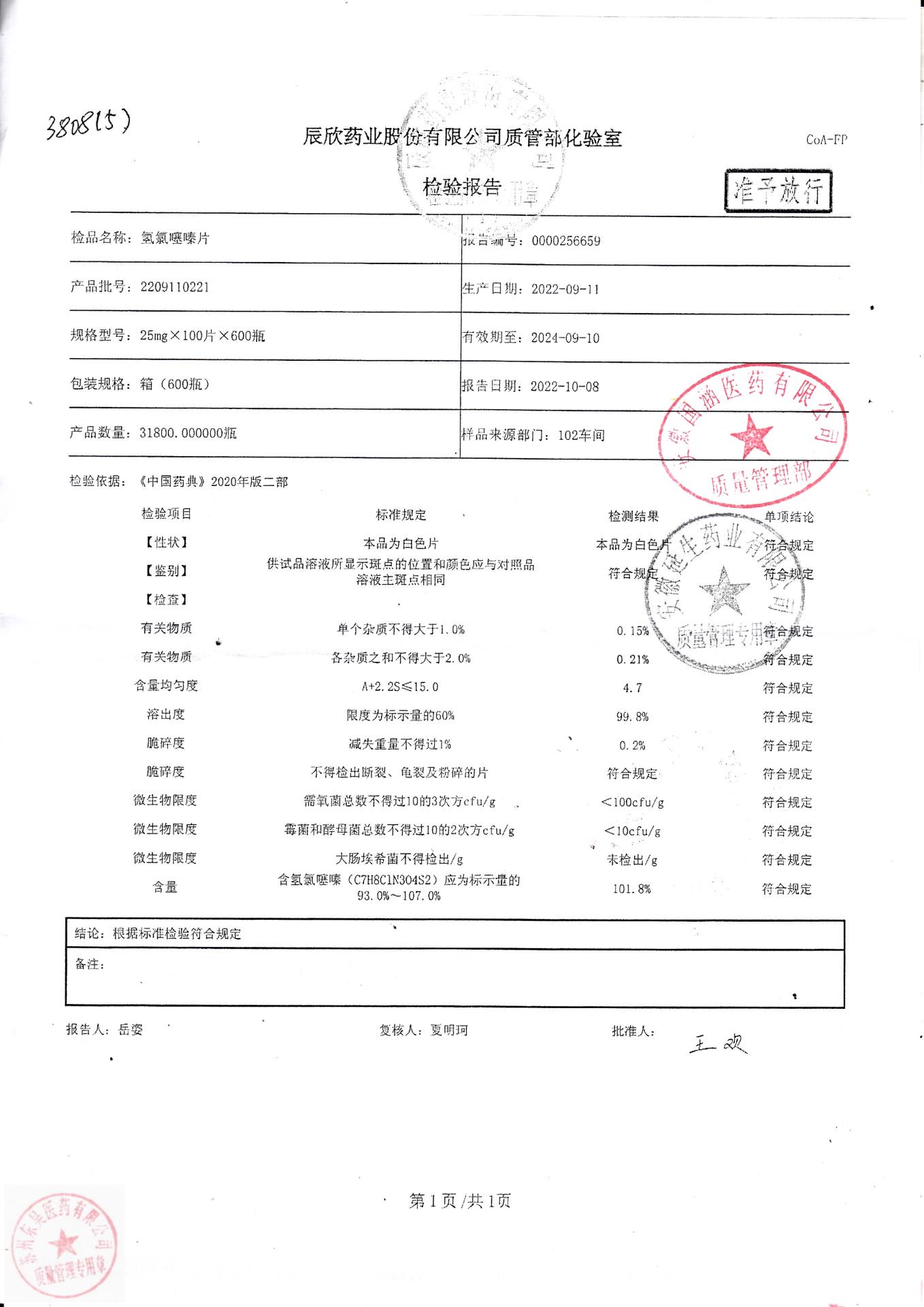 2209110221氢氯噻嗪片