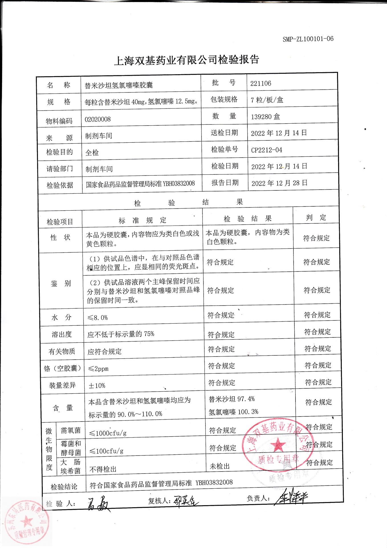 221106替米沙坦氢氯噻嗪胶囊