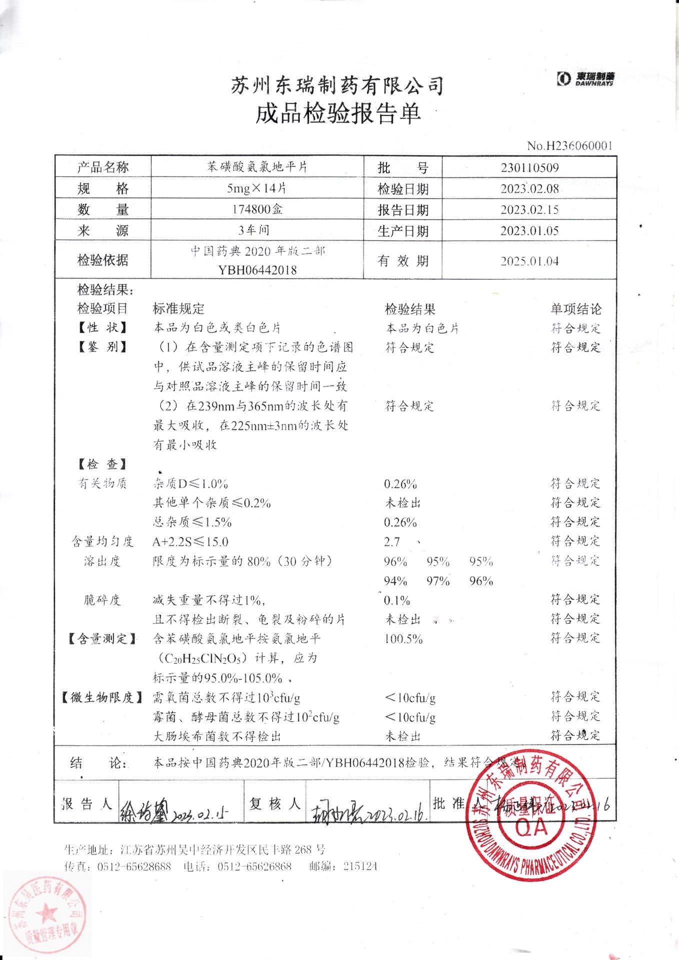 230110509苯磺酸氨氯地平片