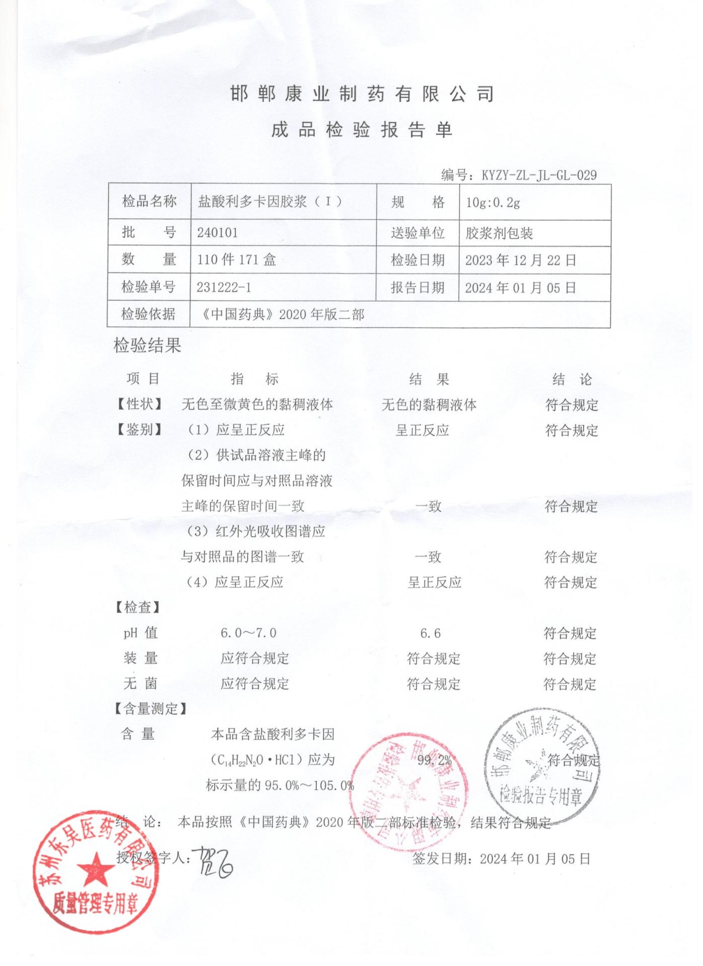 240101盐酸利多卡因胶浆