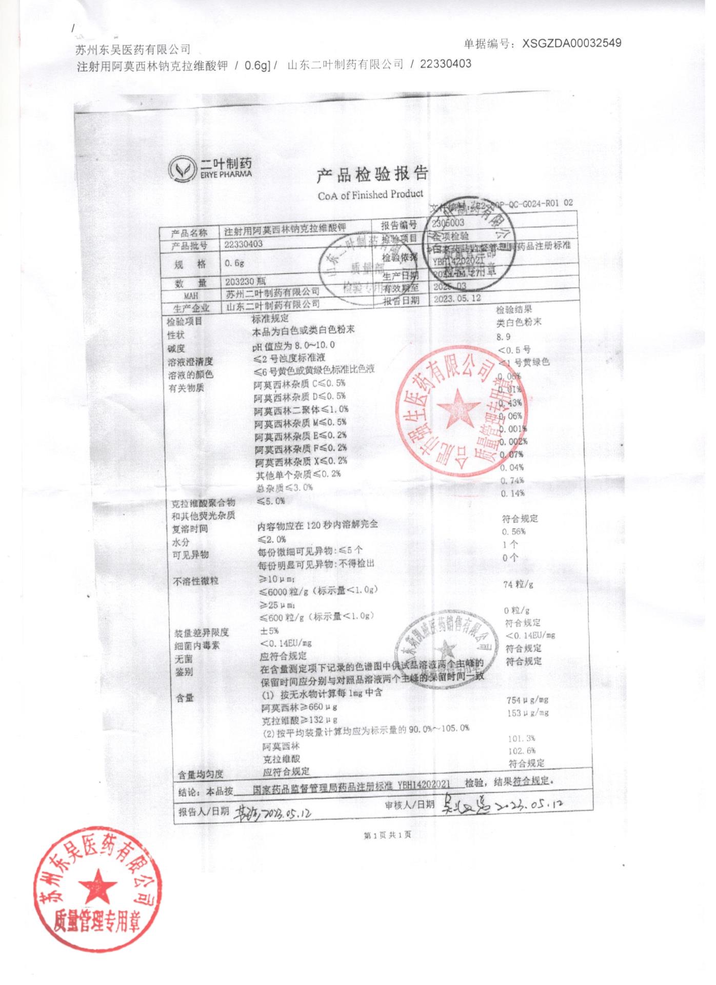 22330403注射用阿莫西林钠克拉维酸钾