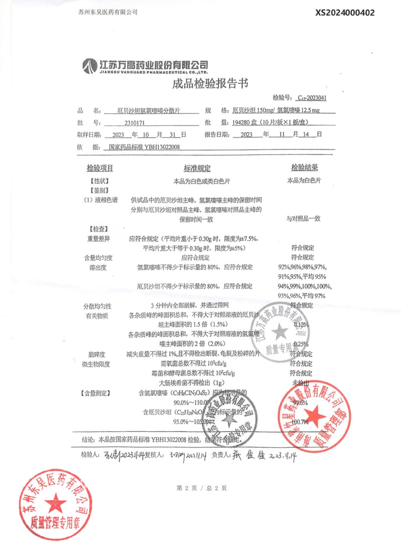 2310171厄贝沙坦氢氯噻嗪分散片