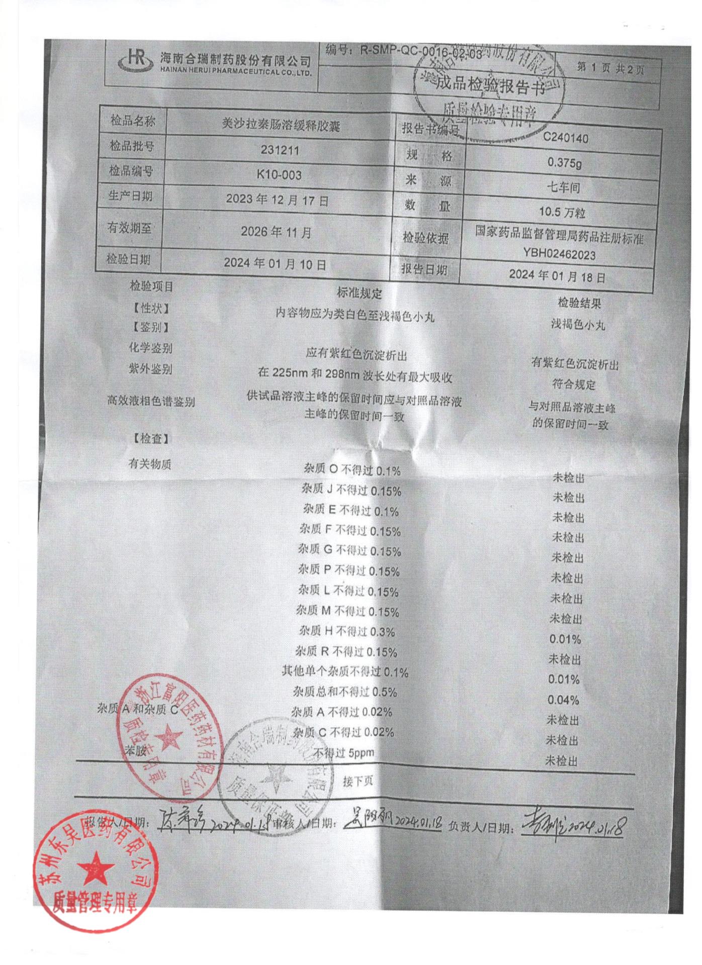 231211美沙拉嗪肠溶缓释胶囊