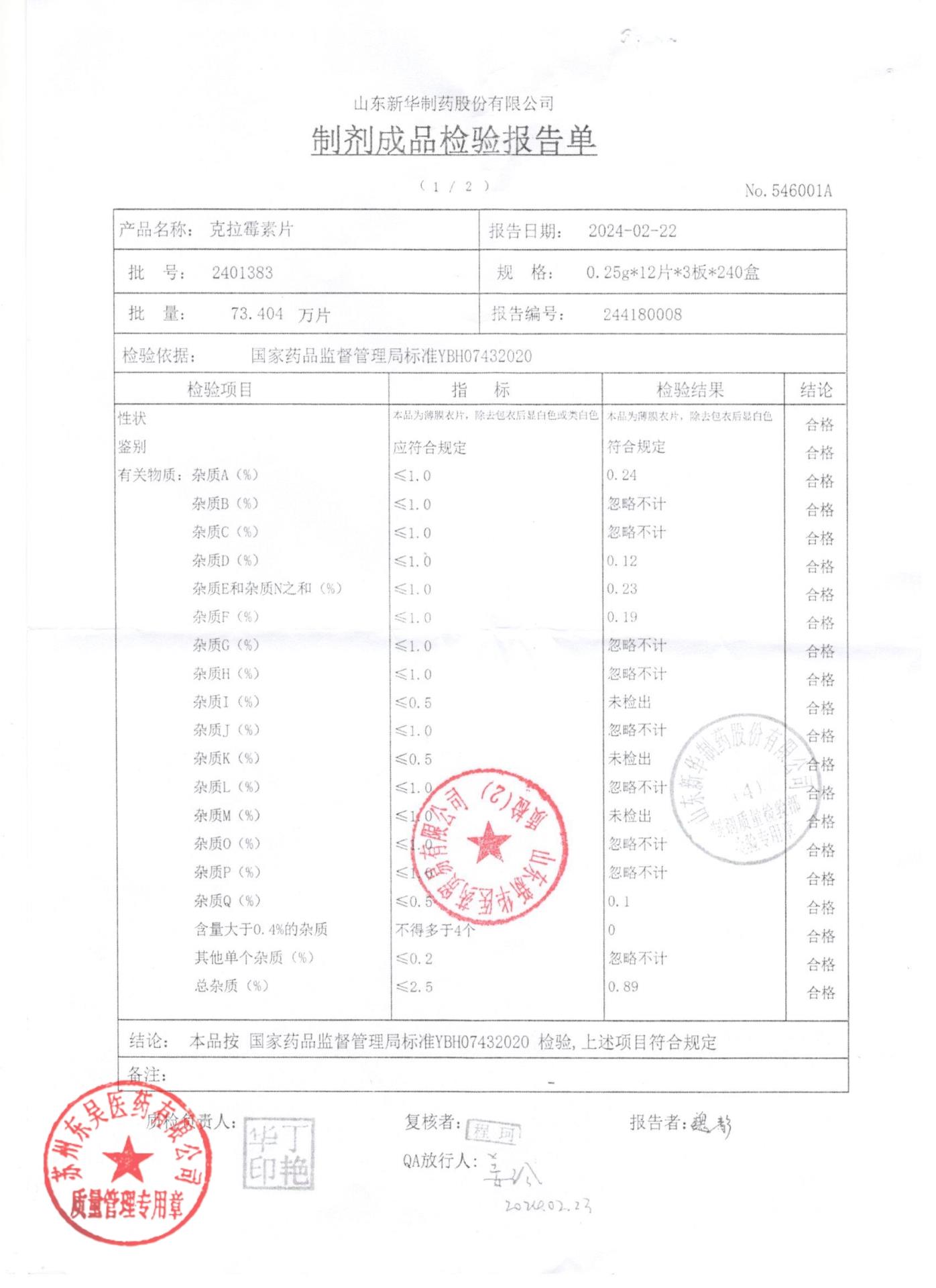 2401383克拉霉素片1