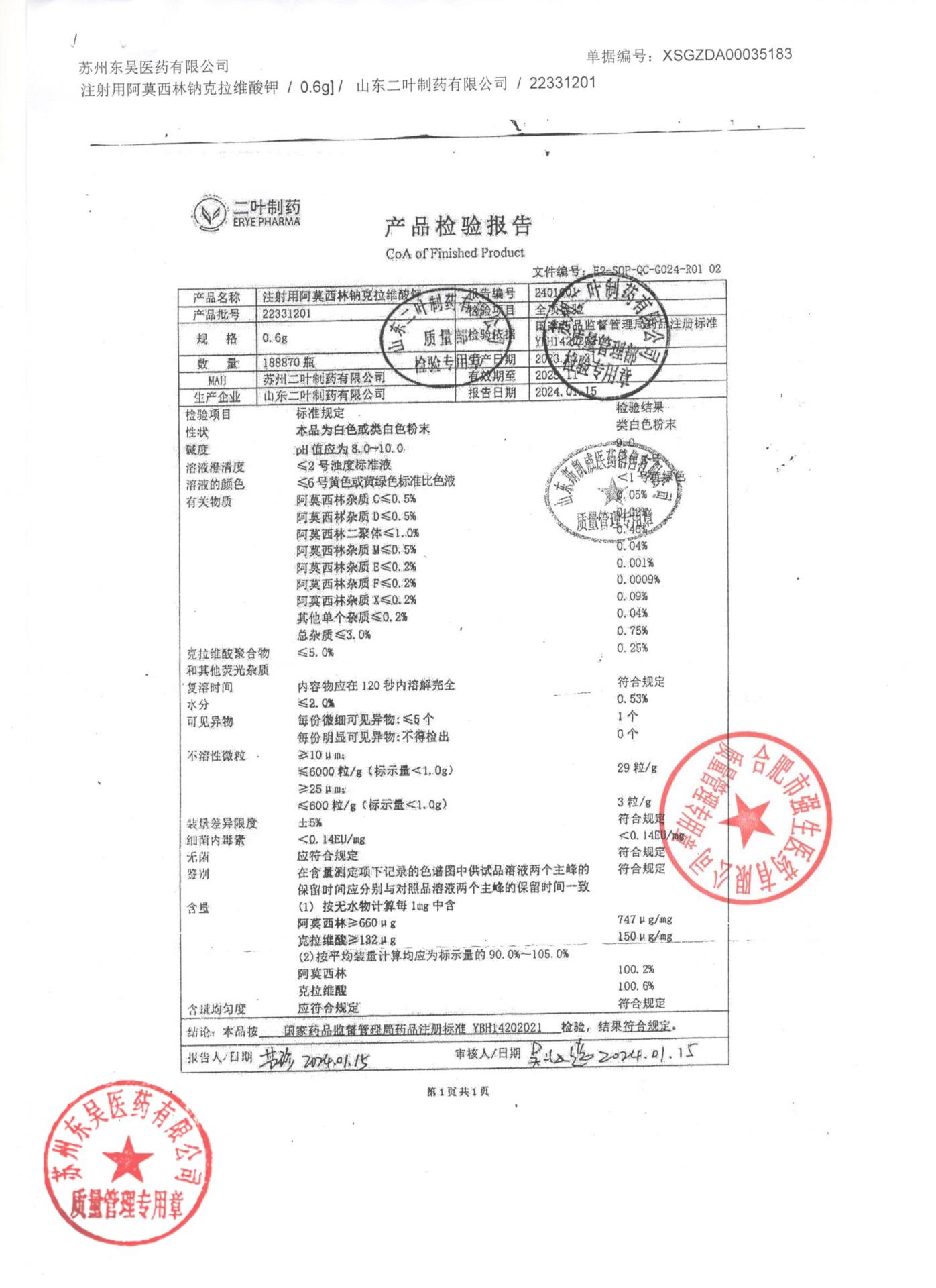 22331201注射用阿莫西林钠克拉维酸钾