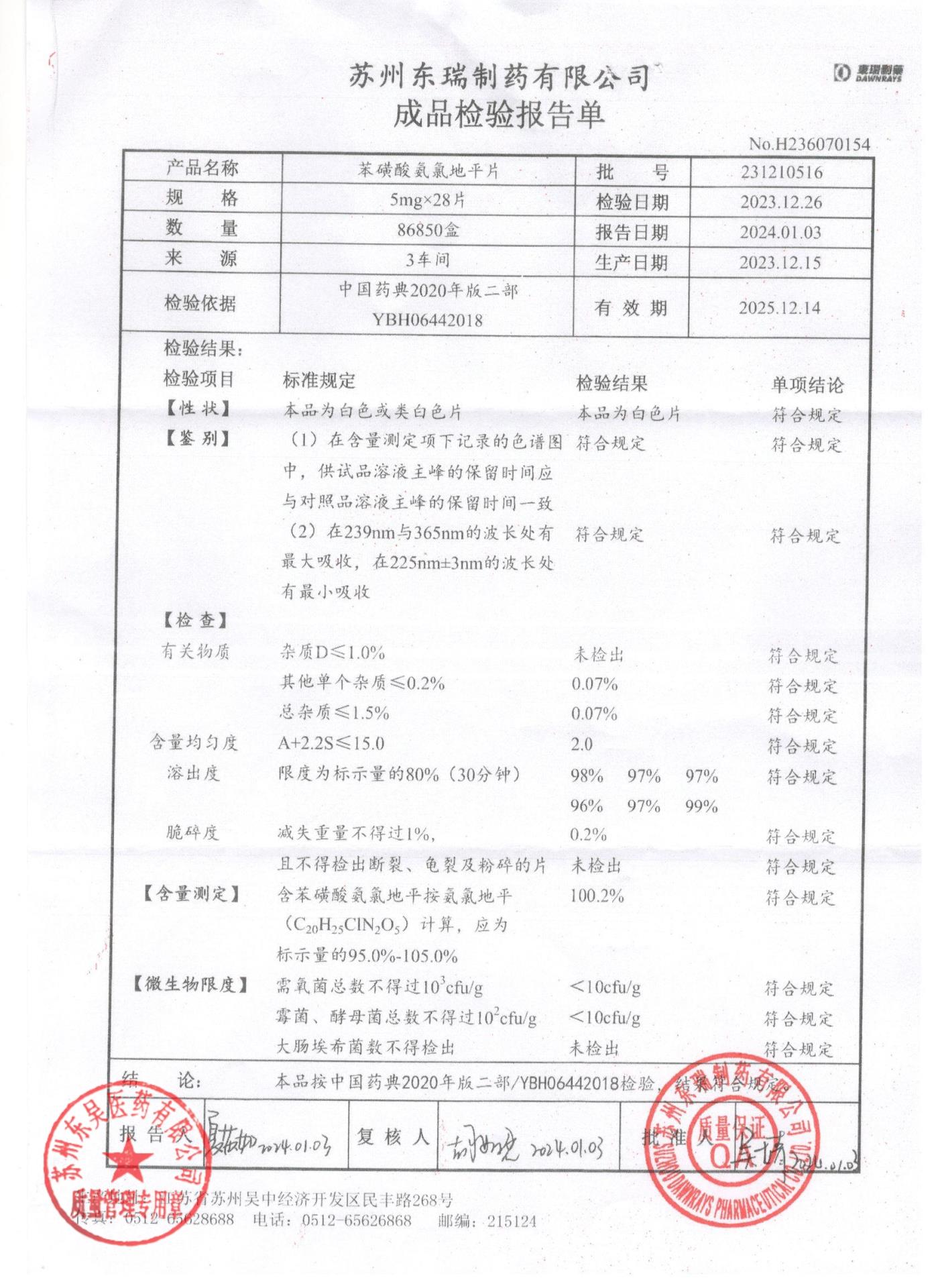 231210516苯磺酸氨氯地平片