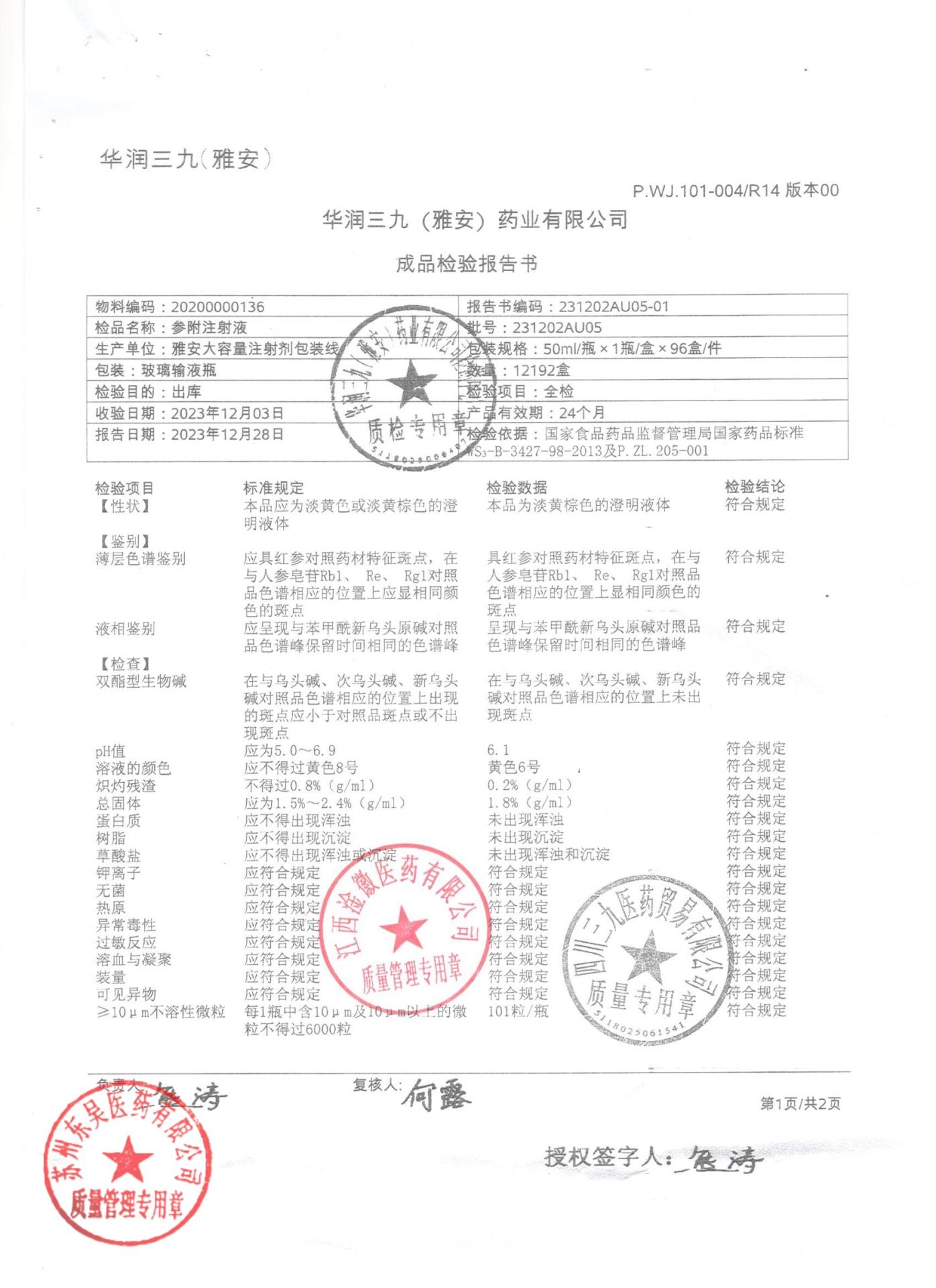 231202AU05参附注射液1