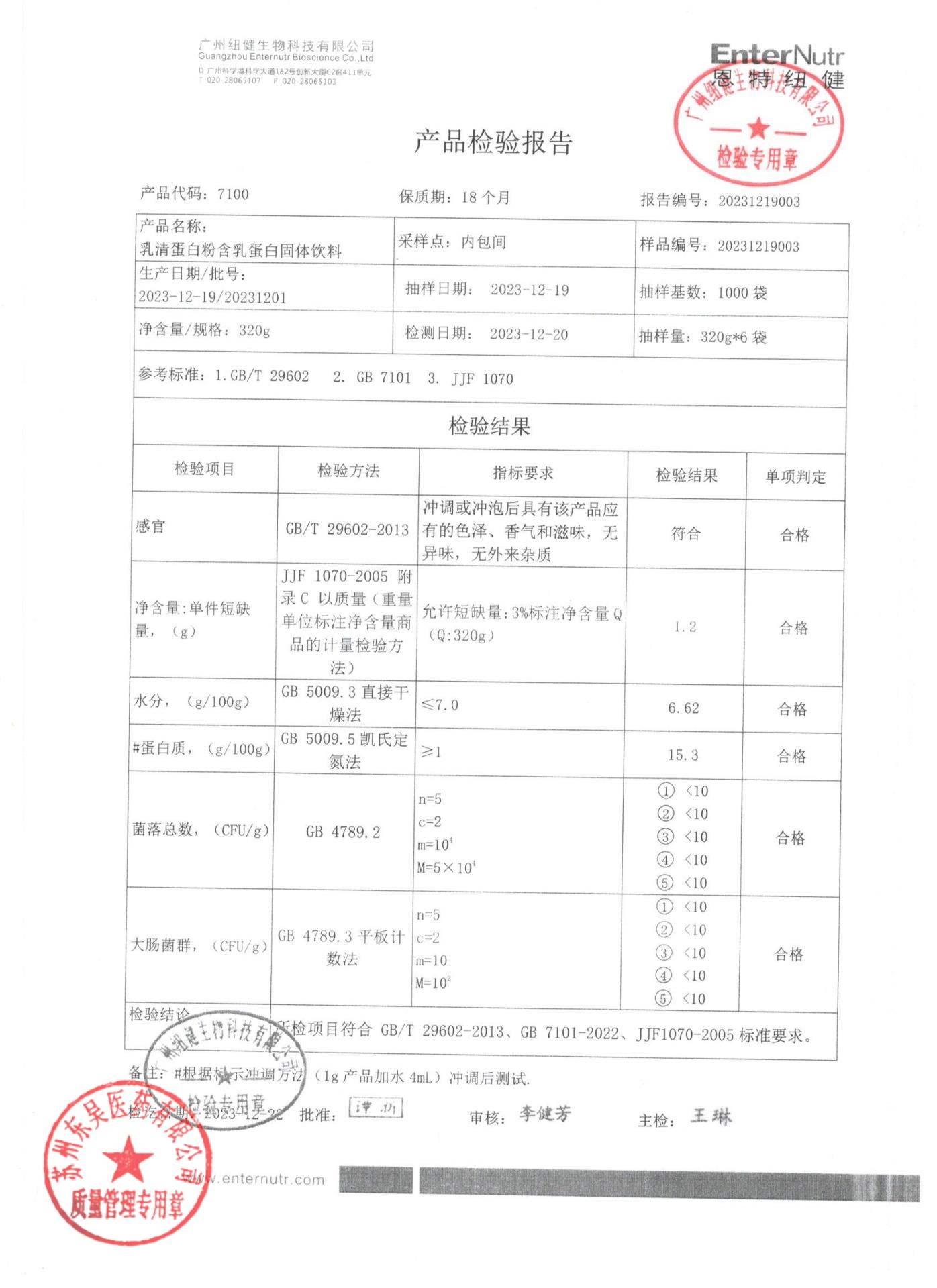 20231201乳清蛋白粉含乳蛋白固体饮料