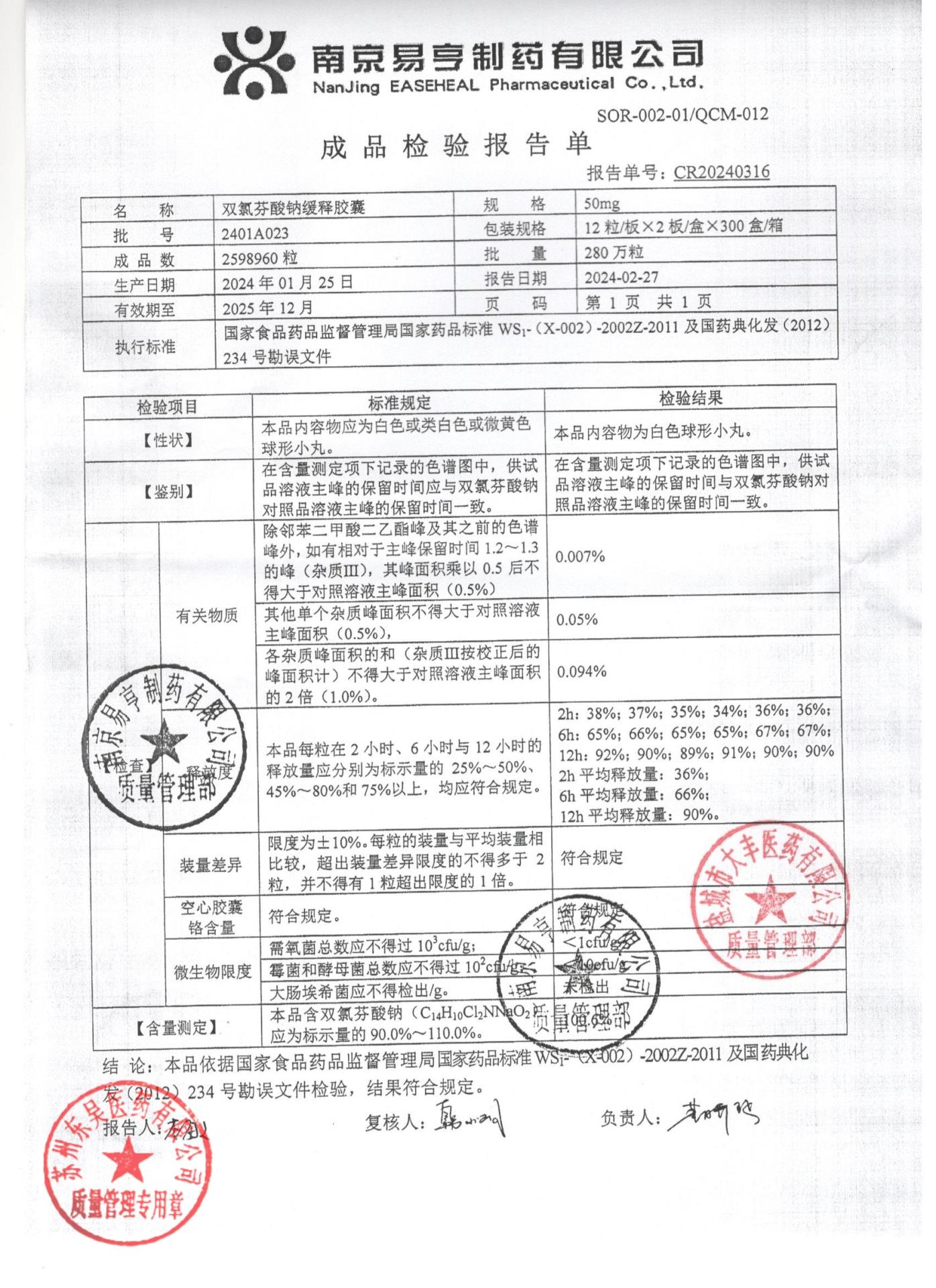 2401A023双氯芬酸钠缓释胶囊