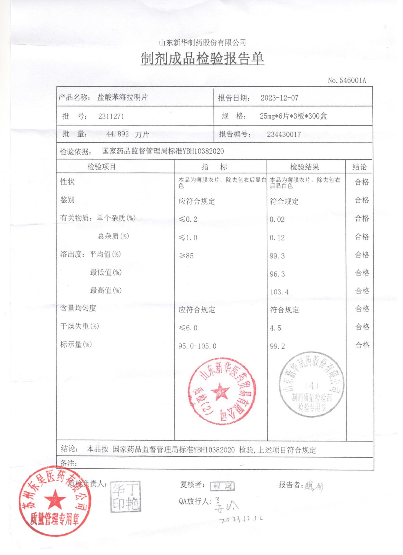 2311271盐酸苯海拉明片