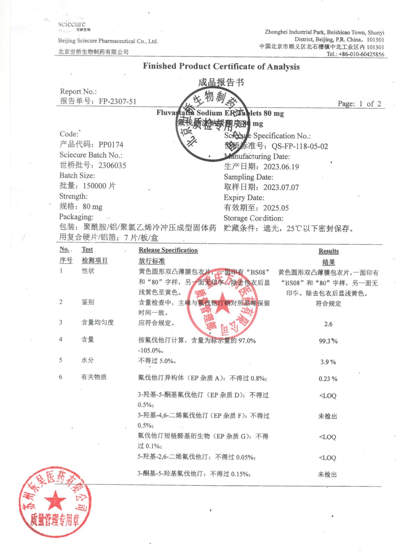 2306035氟伐他汀钠缓释片1