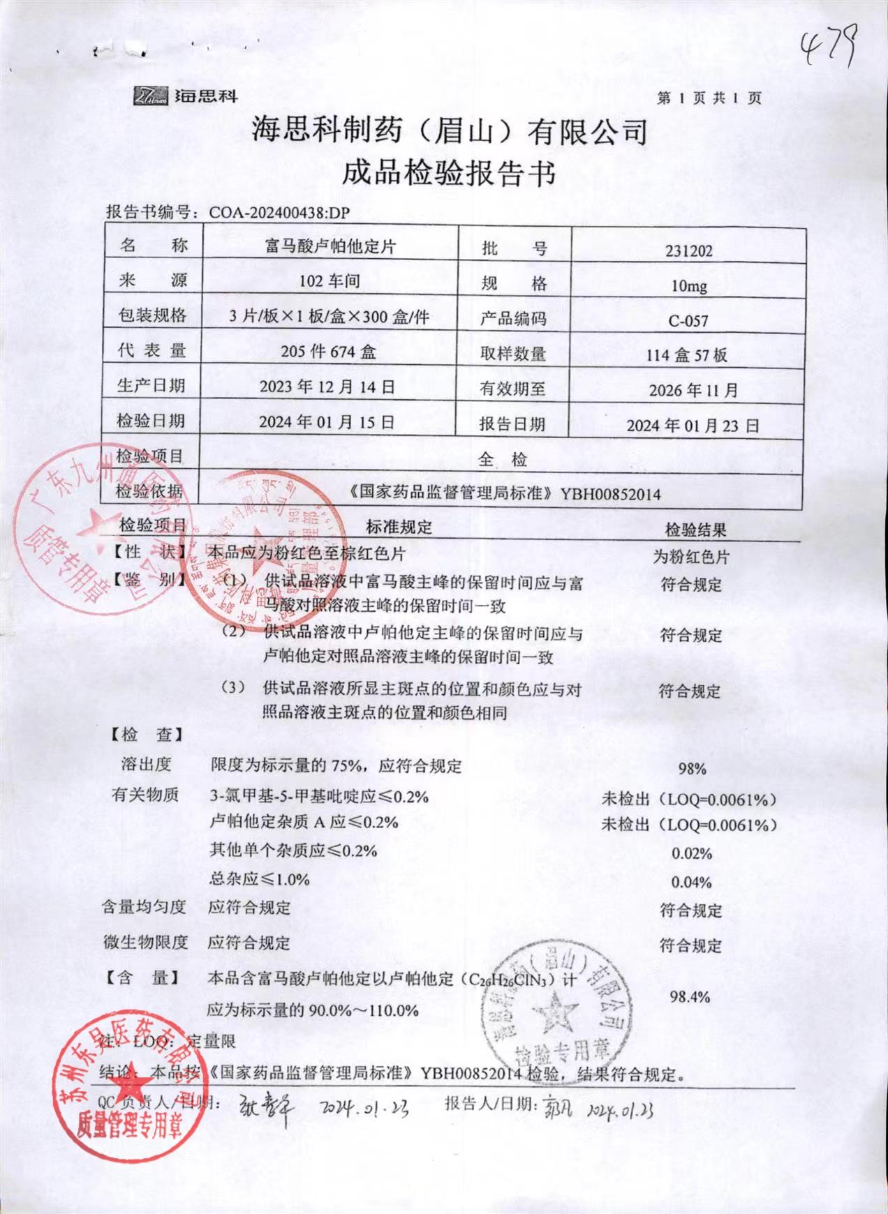 231202富马酸卢帕他定片