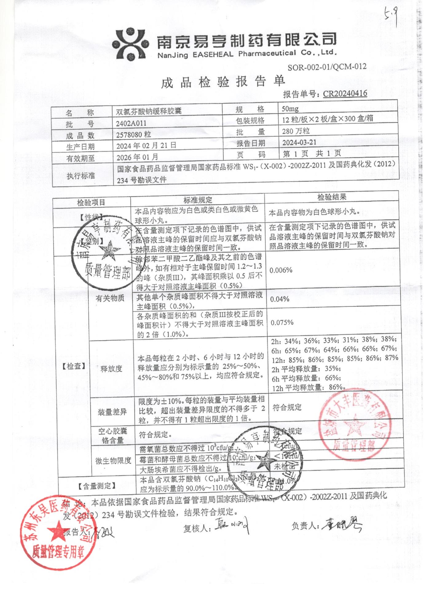 2402A011双氯芬酸钠缓释胶囊
