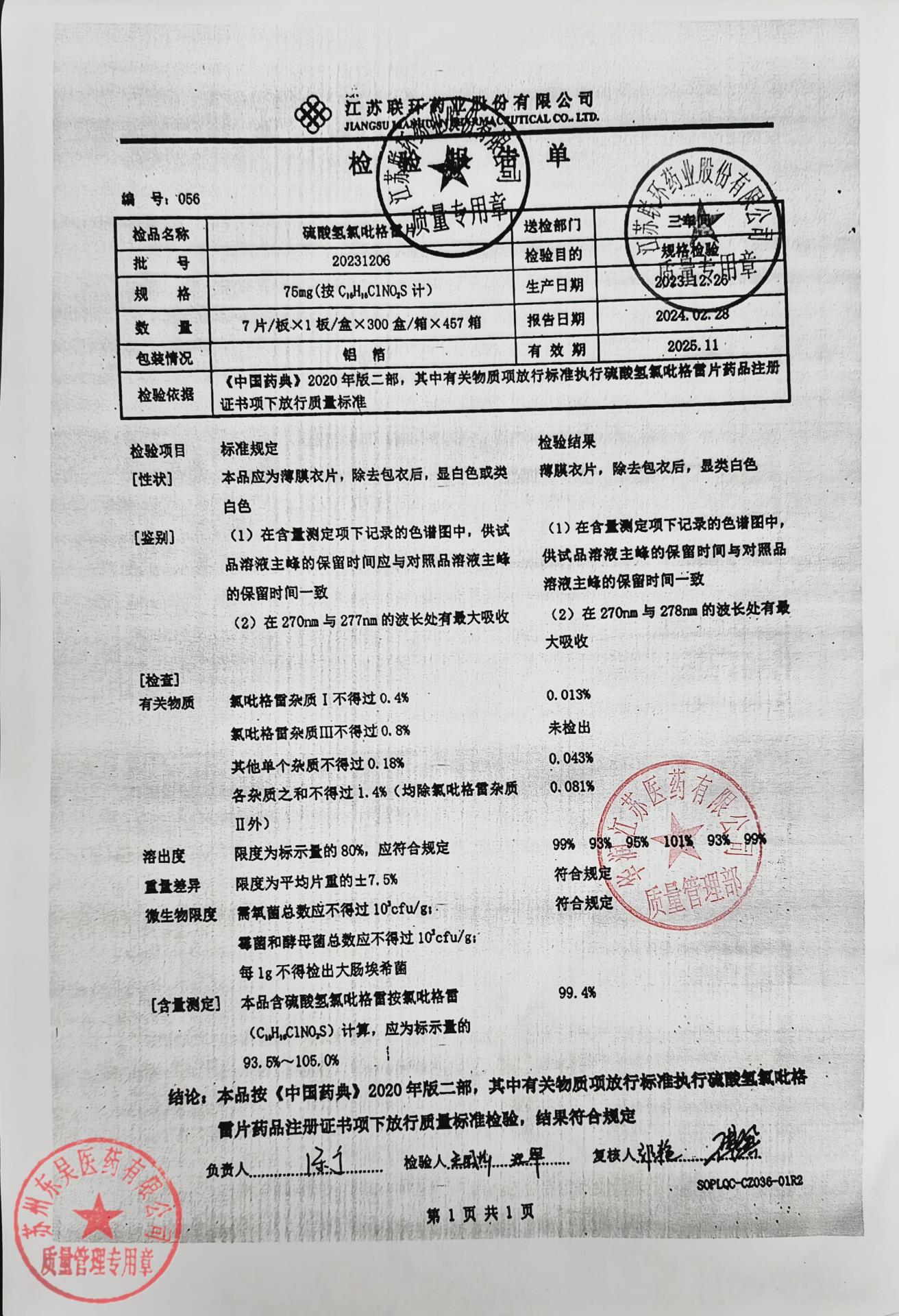 20231206硫酸氢氯吡格雷片