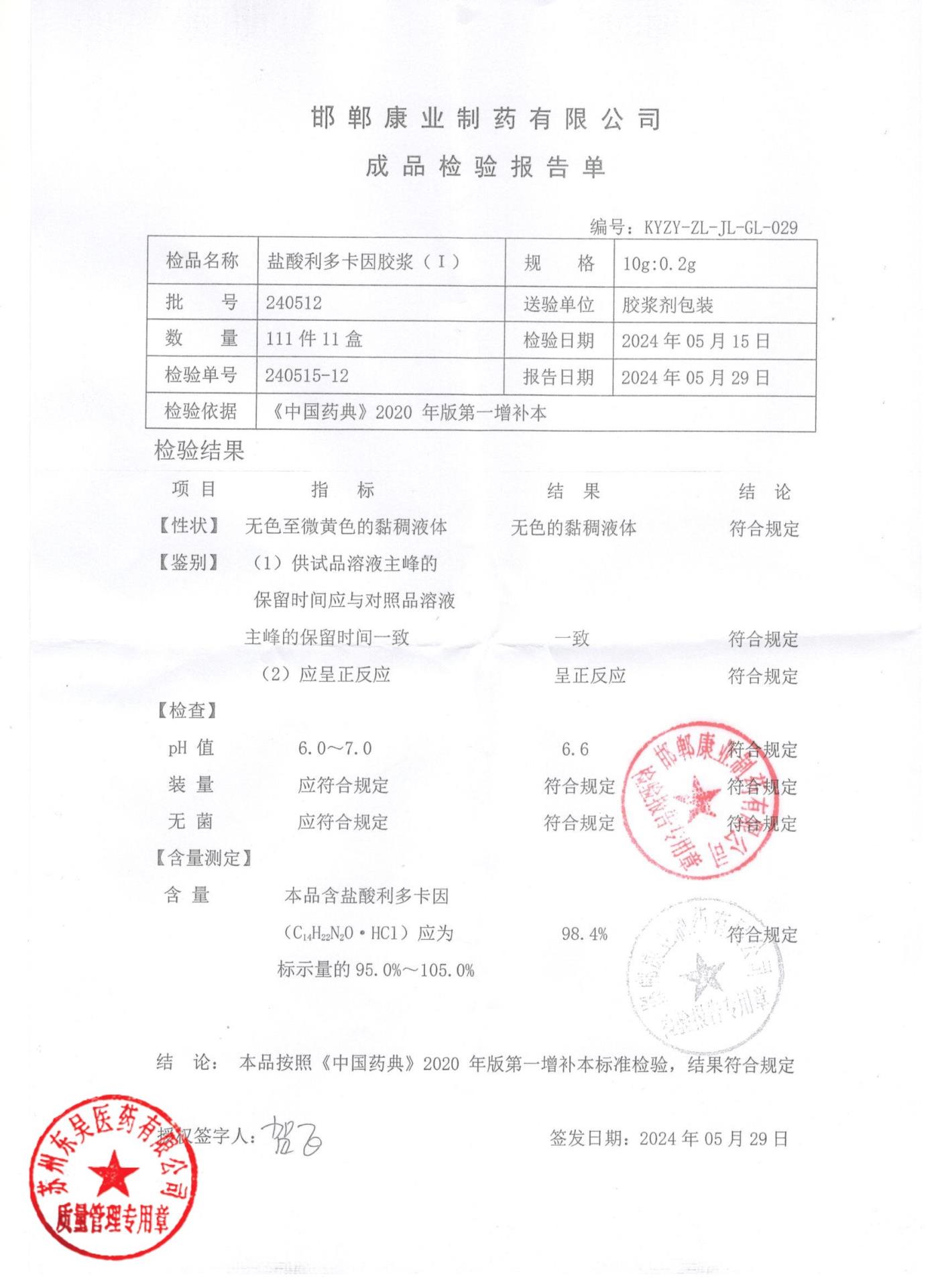 240512盐酸利多卡因胶浆