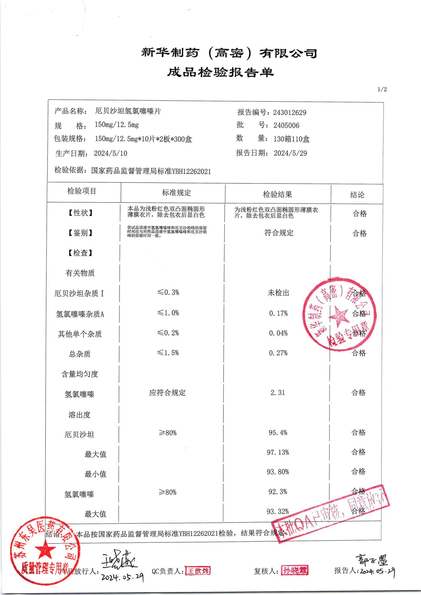 2405006厄贝沙坦氢氯噻嗪片1
