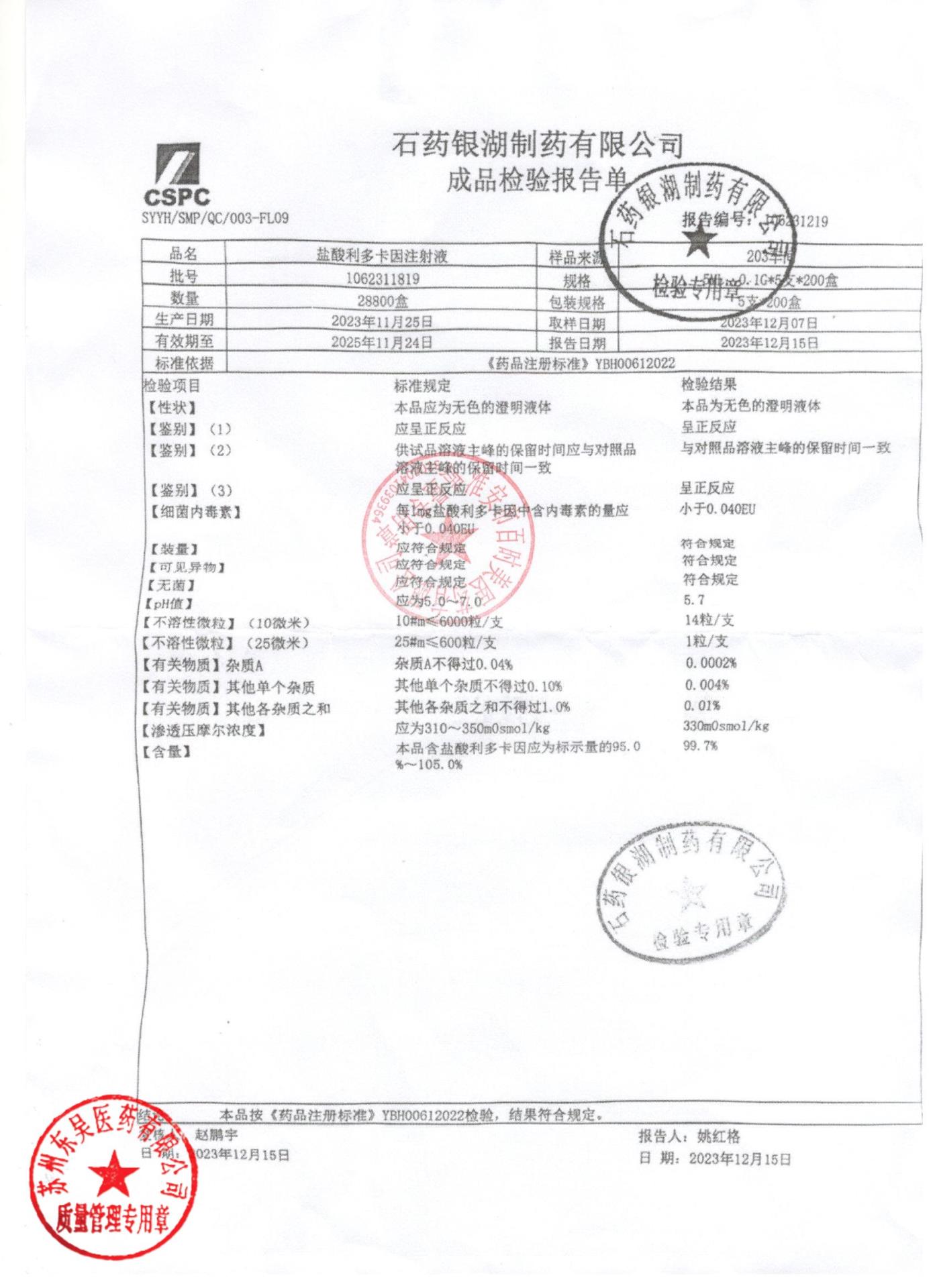 1062311819盐酸利多卡因注射液