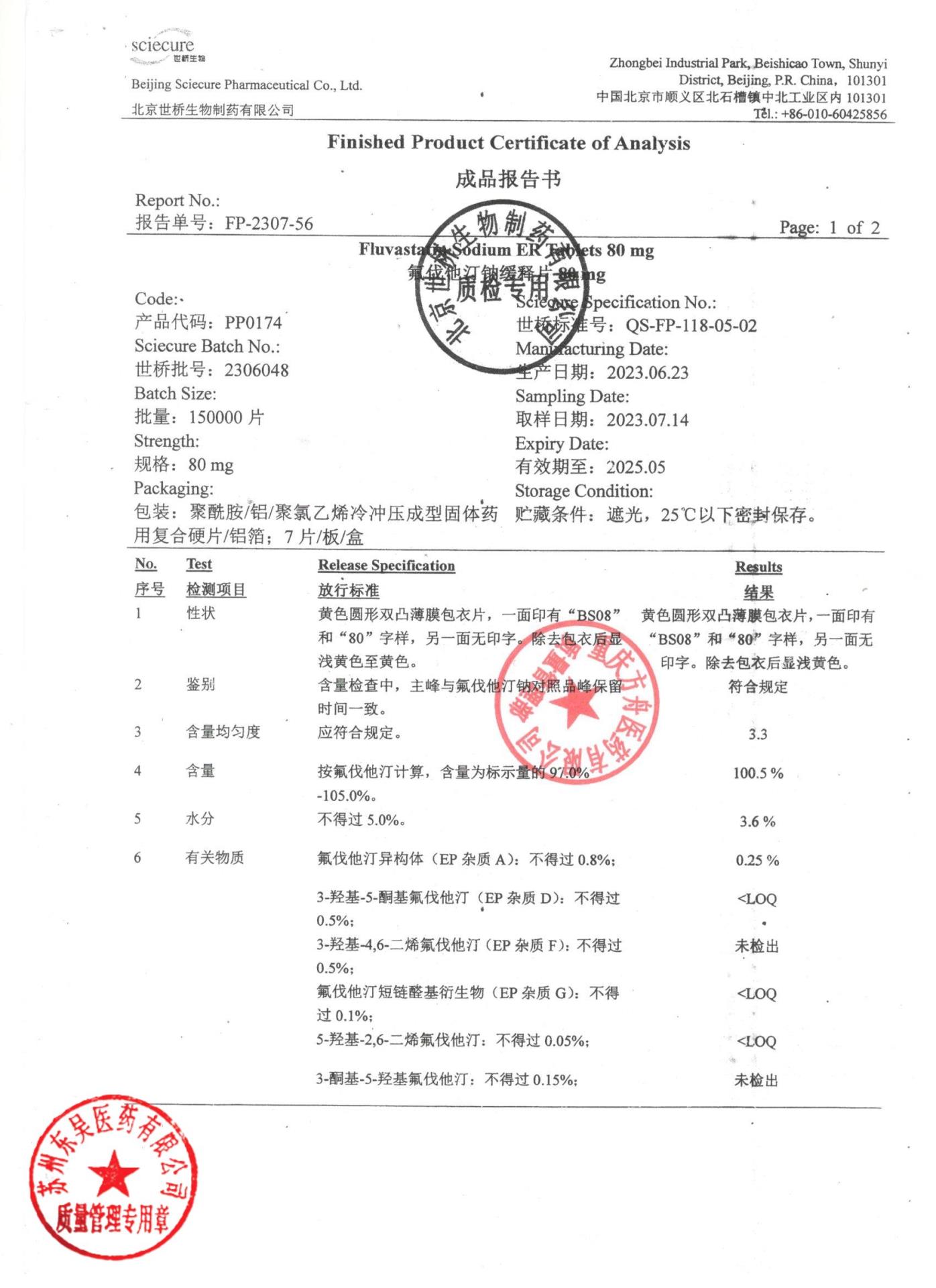 2306048氟伐他汀钠缓释片1