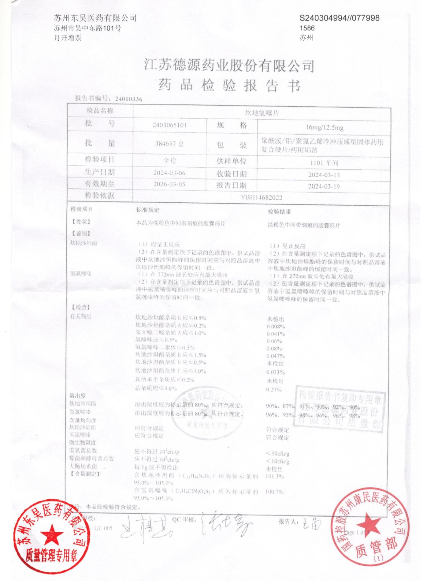 2403065101坎地氢噻片