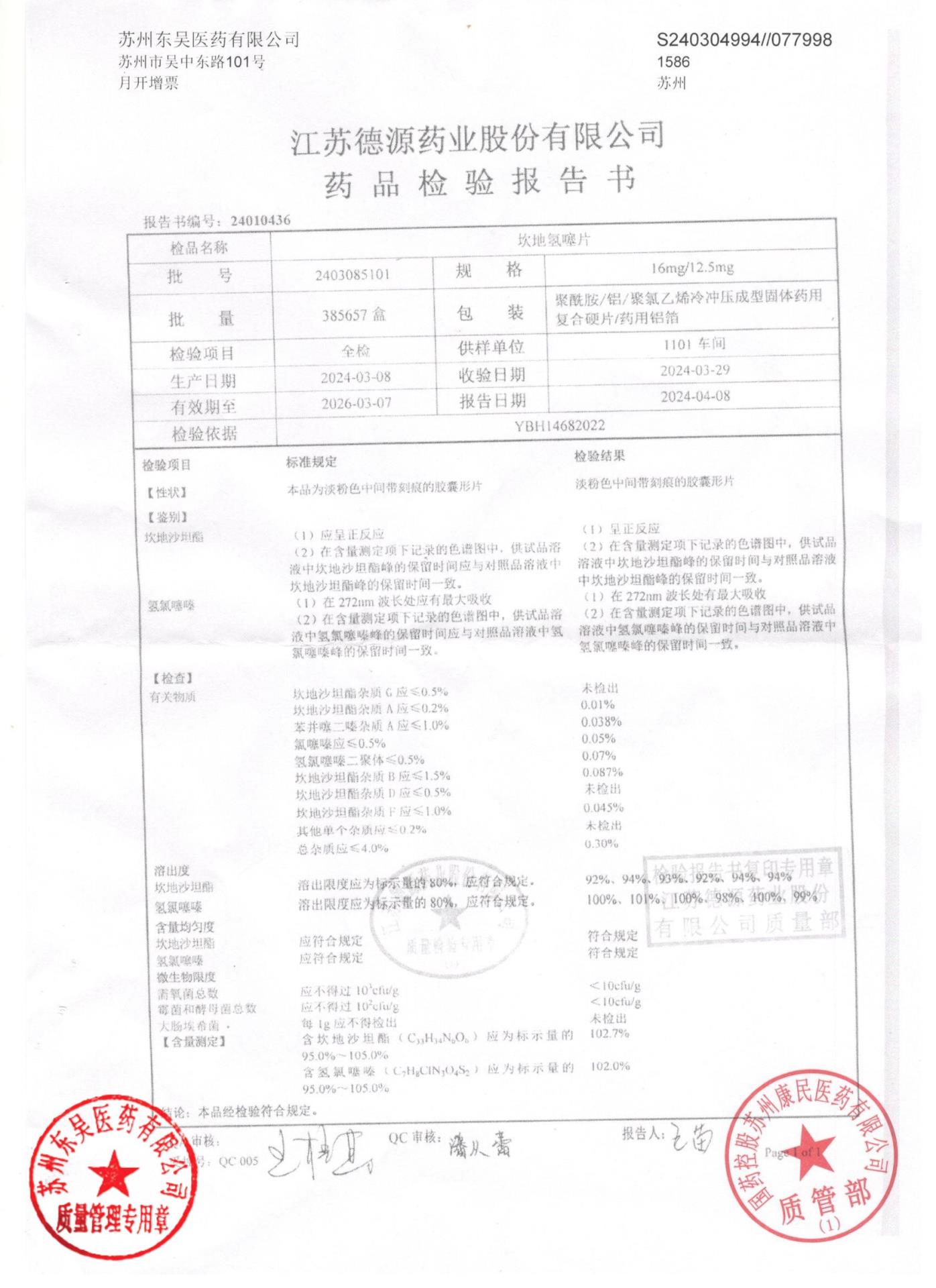 2403085101坎地氢噻片