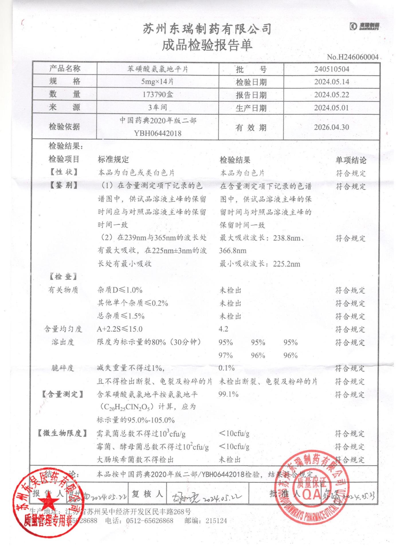 240510504苯磺酸氨氯地平片