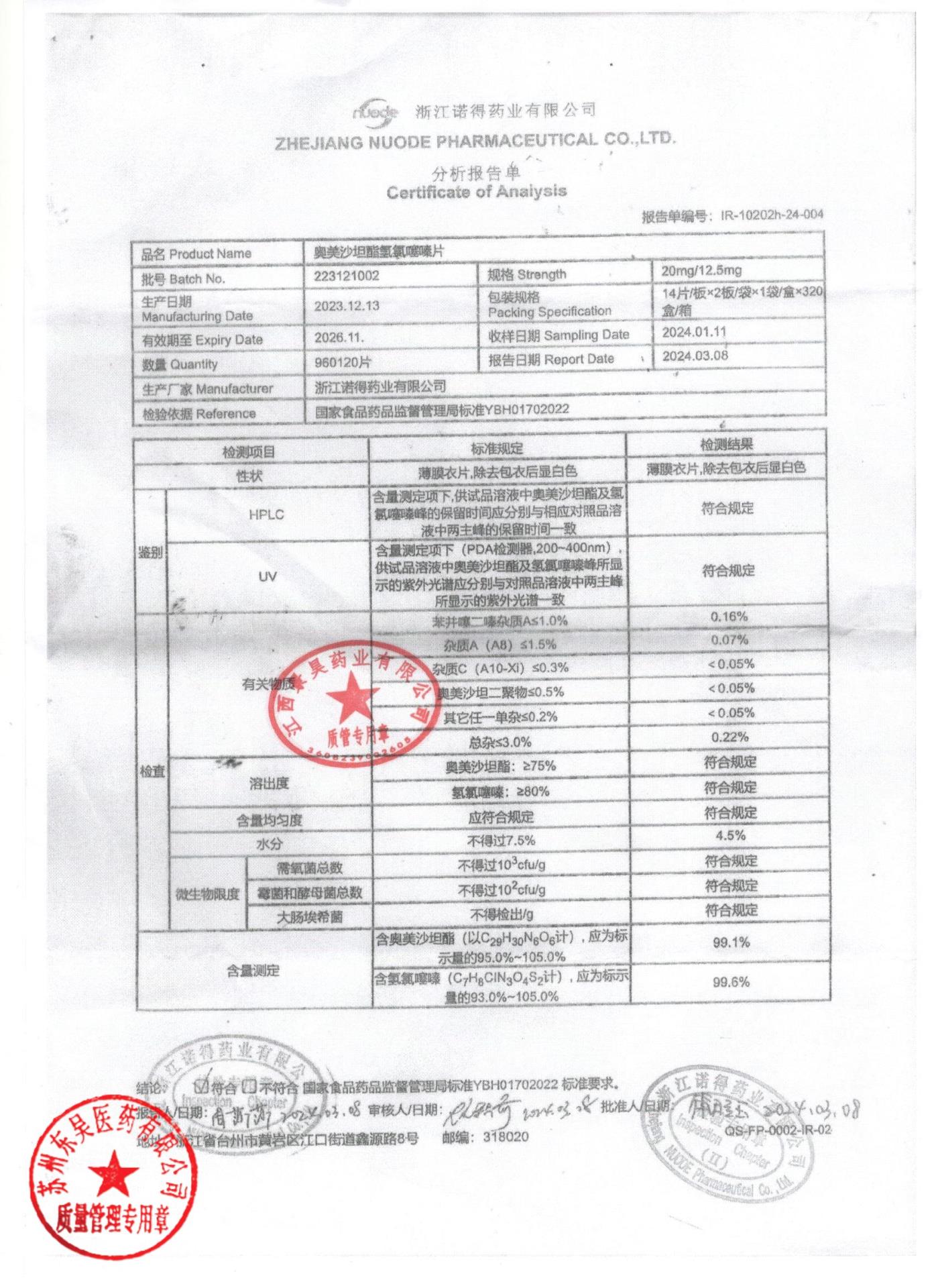 223121002奥美沙坦酯氢氯噻嗪片