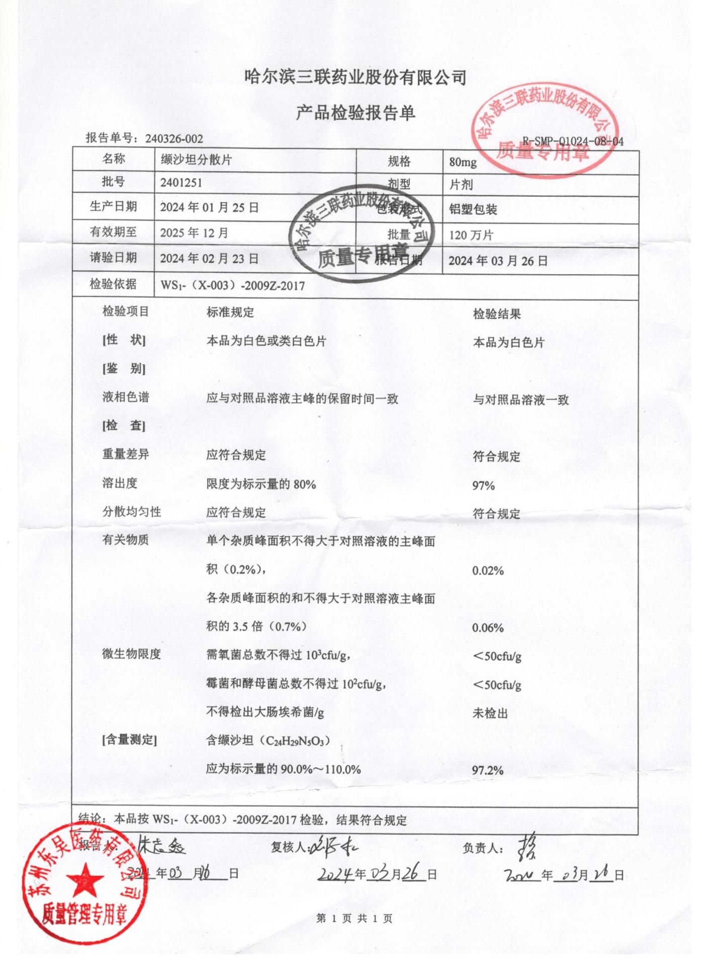 2401251缬沙坦分散片