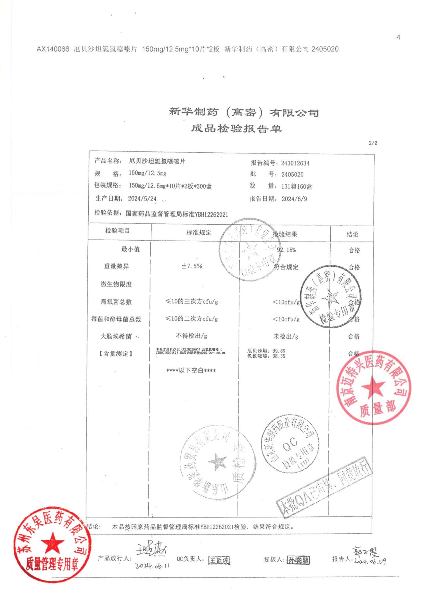 2405020厄贝沙坦氢氯噻嗪片2