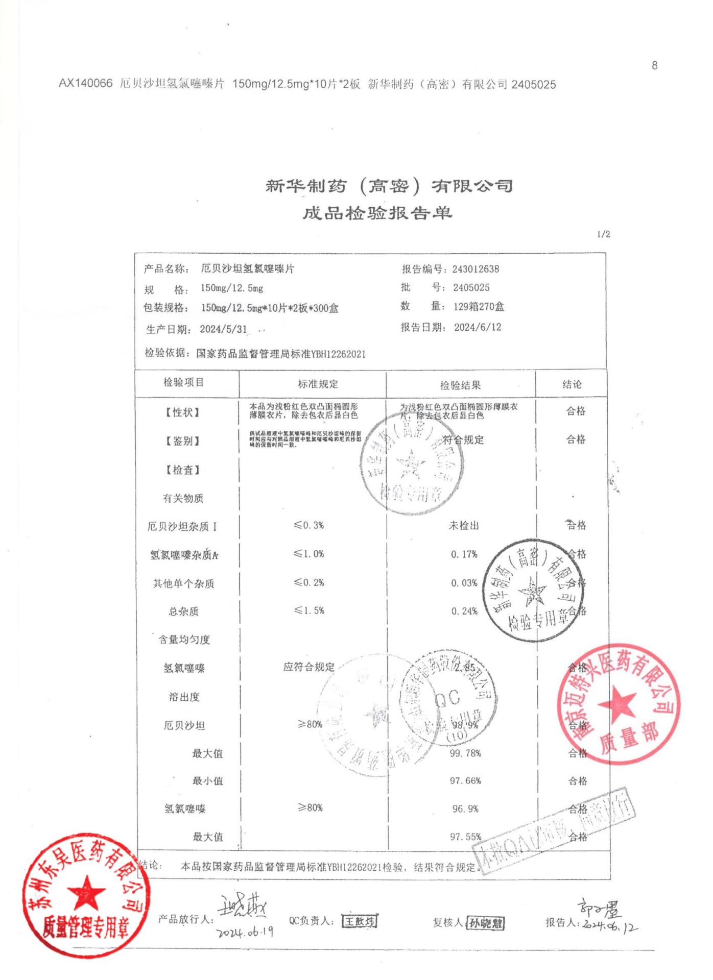 2405025厄贝沙坦氢氯噻嗪片1