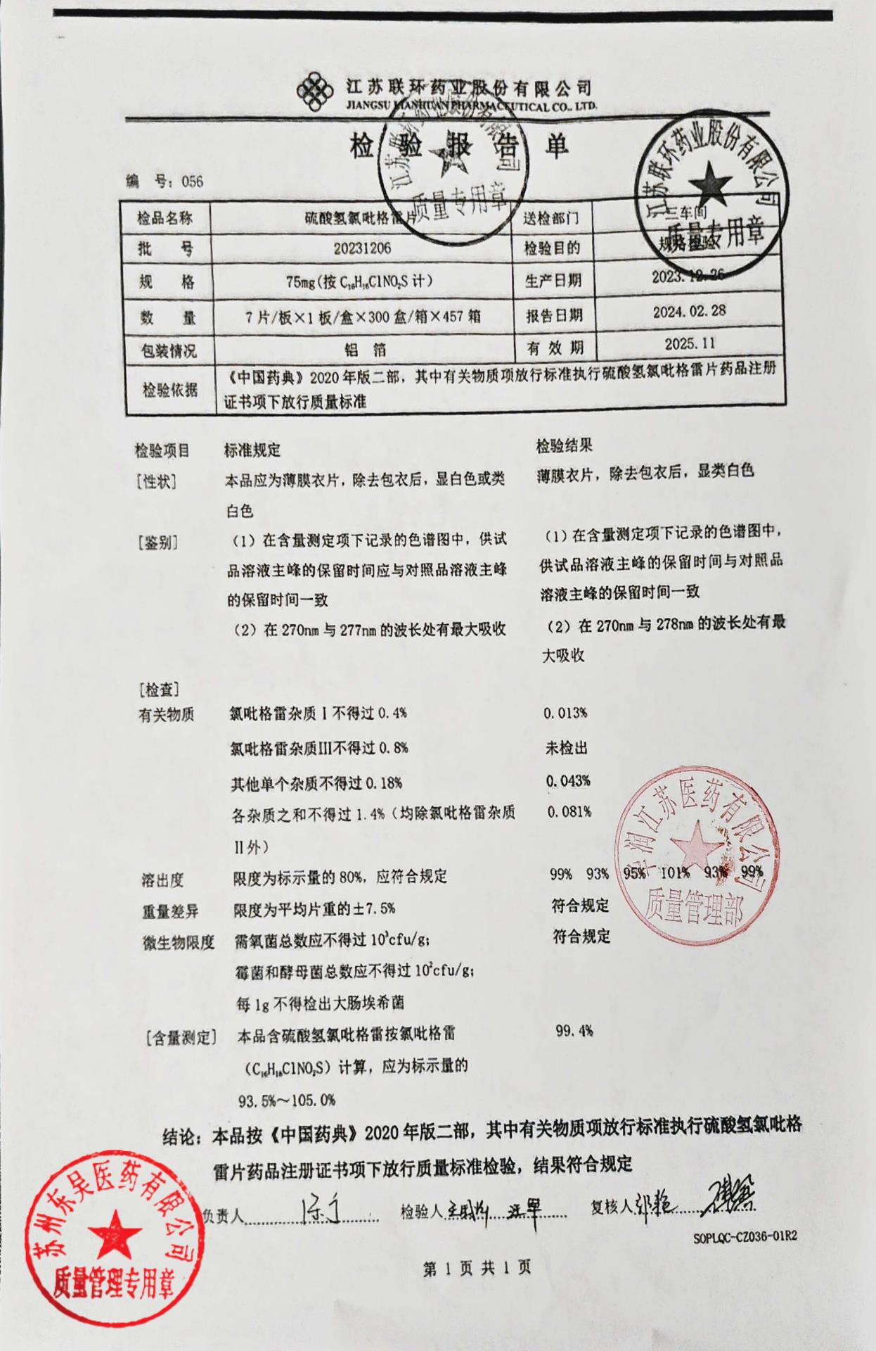 20231206硫酸氢氯吡格雷片