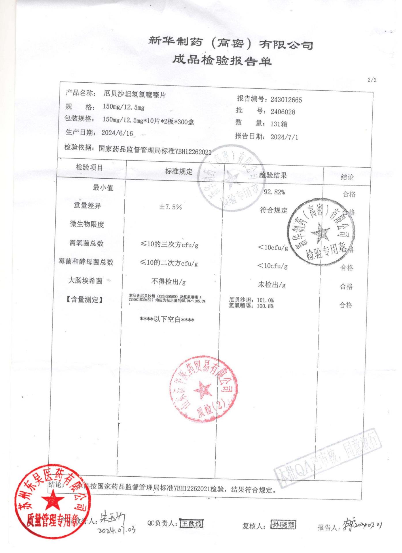 2406028厄贝沙坦氢氯噻嗪片2