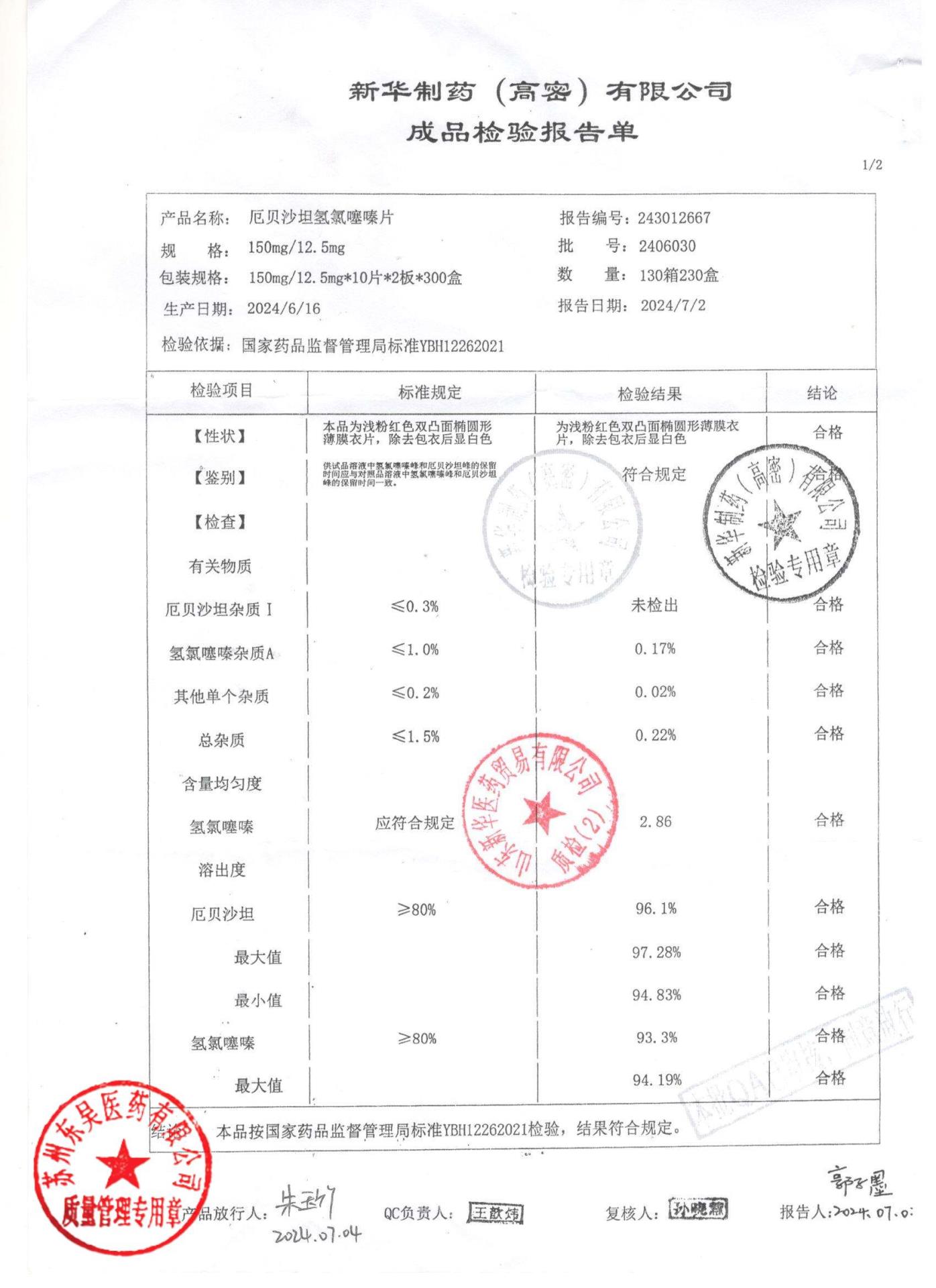 2406030厄贝沙坦氢氯噻嗪片1